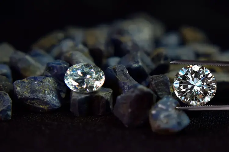 Natural diamond — doğal ham elmas taşları arasında cımbızla tutulan kesilmiş yuvarlak brilliant pırlanta, doğanın milyon yıllık ürünü