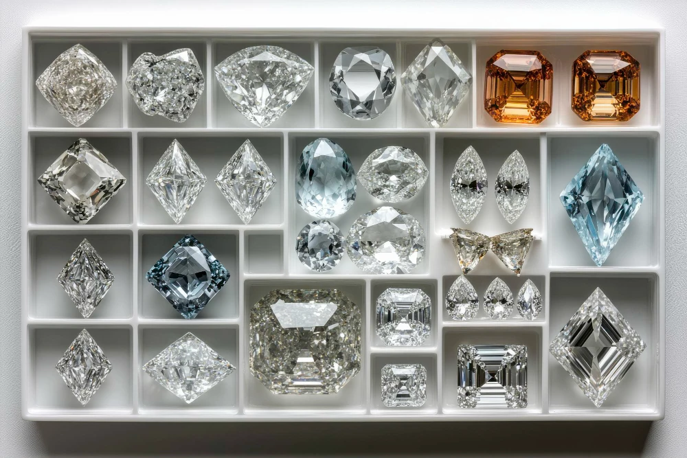 Kuyumcu vitrini için temel pırlanta koleksiyonu — yuvarlak brilliant, prenses, emerald, asscher, oval, marquise ve damla kesimli farklı boyutlardaki pırlantalar